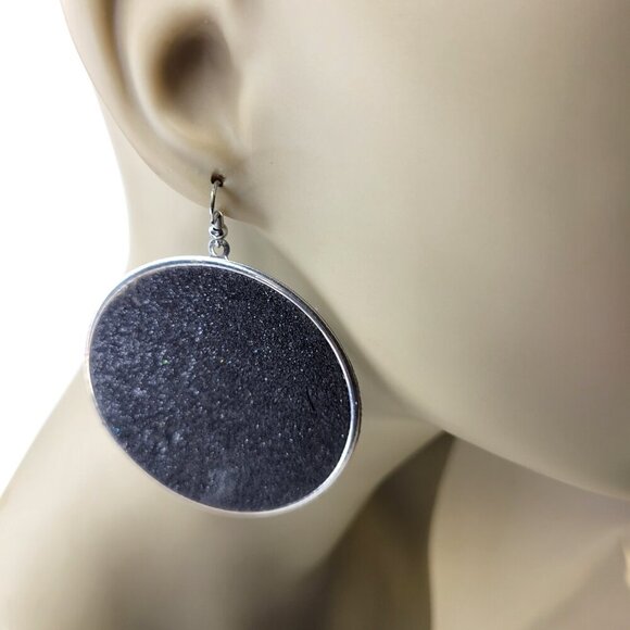 Black Glitter Round Earrings - Picture 2 of 4